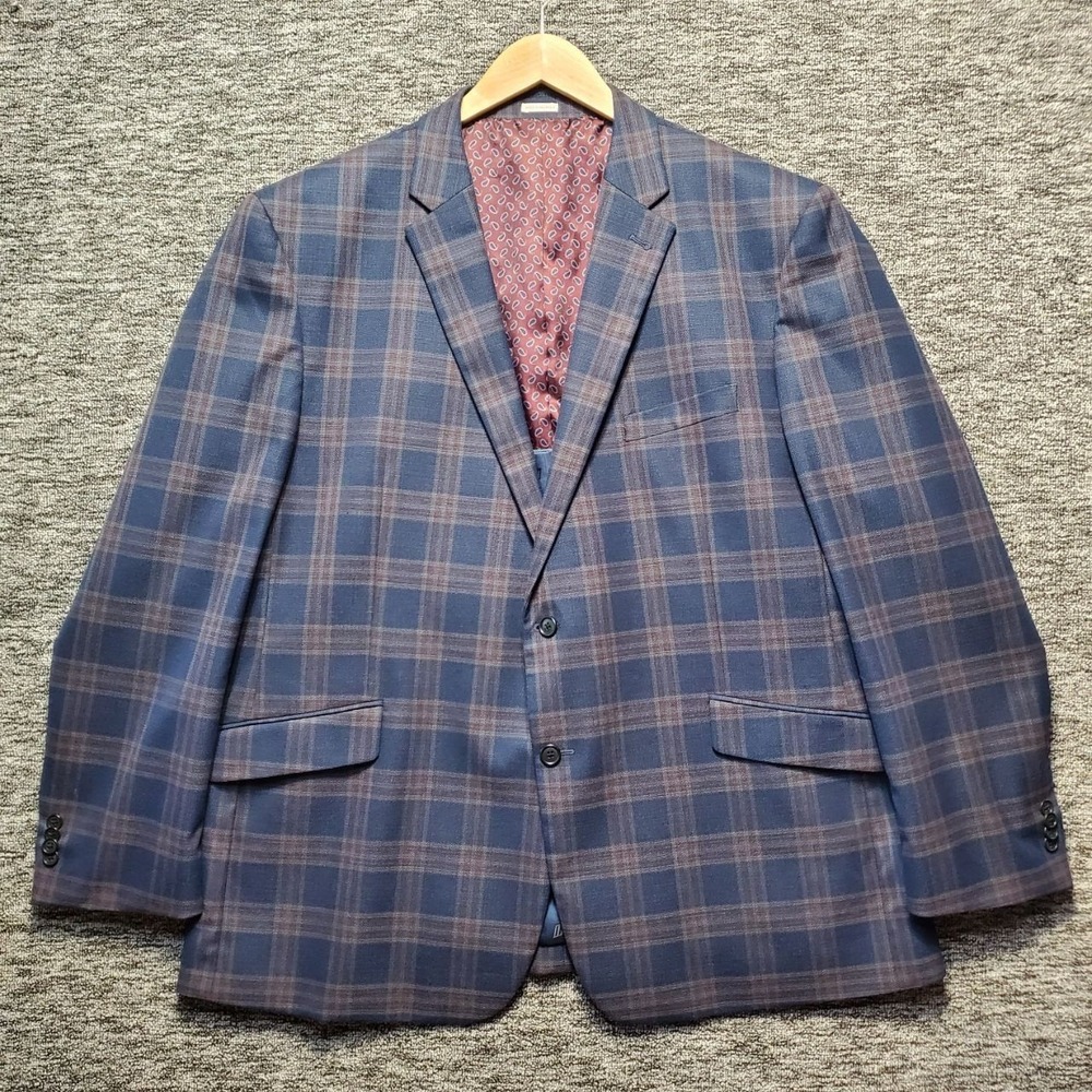 Joseph Abboud White Suit Jacket 52L Mens Blue Brown Plaid Stretch Blazer 52 Long